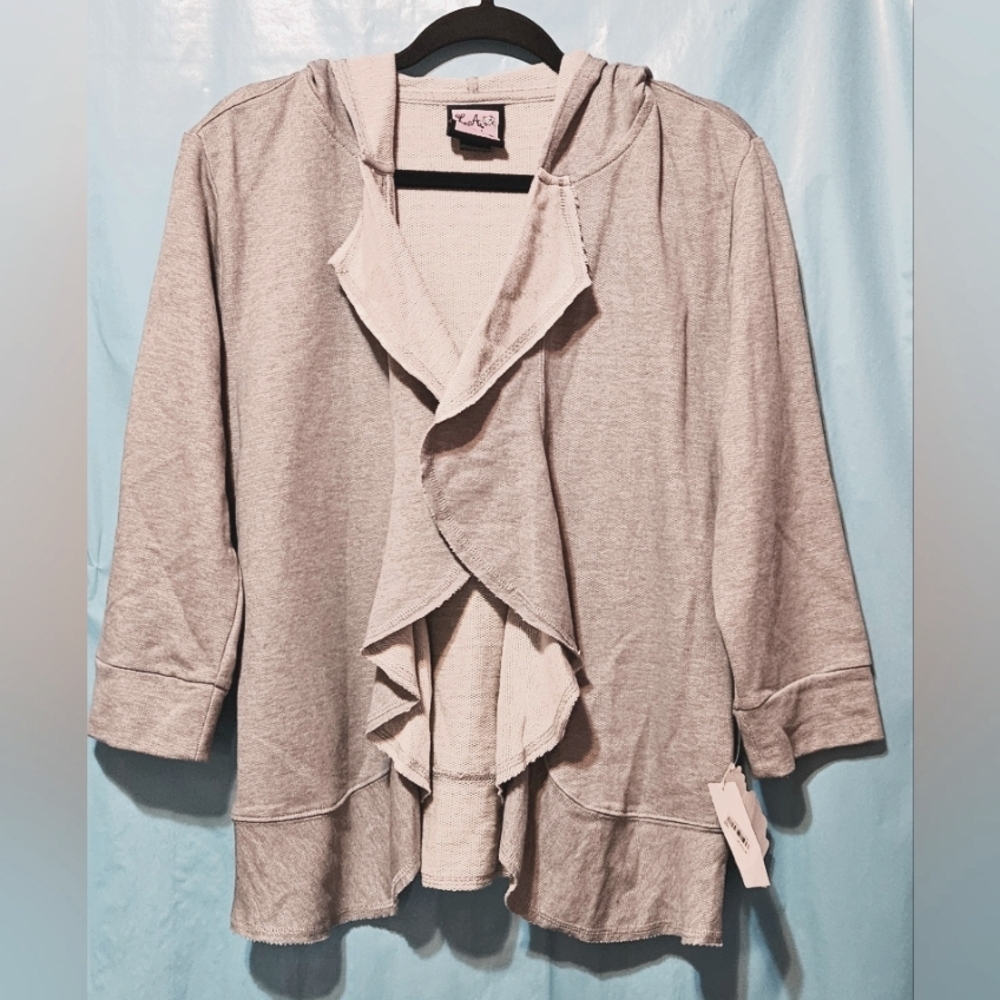 L A Kitty Cardigan Grey Hooded Ruffled Open Front 3/4 Sleeve XL
